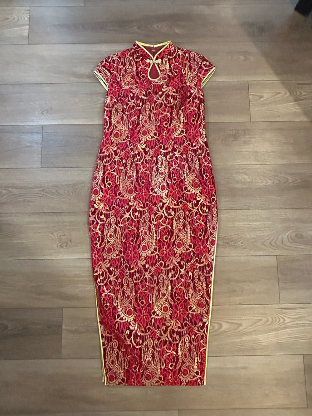 Red Gold Paisley Floral Lace Qipao Cheongsam Dress XL Chinese Style